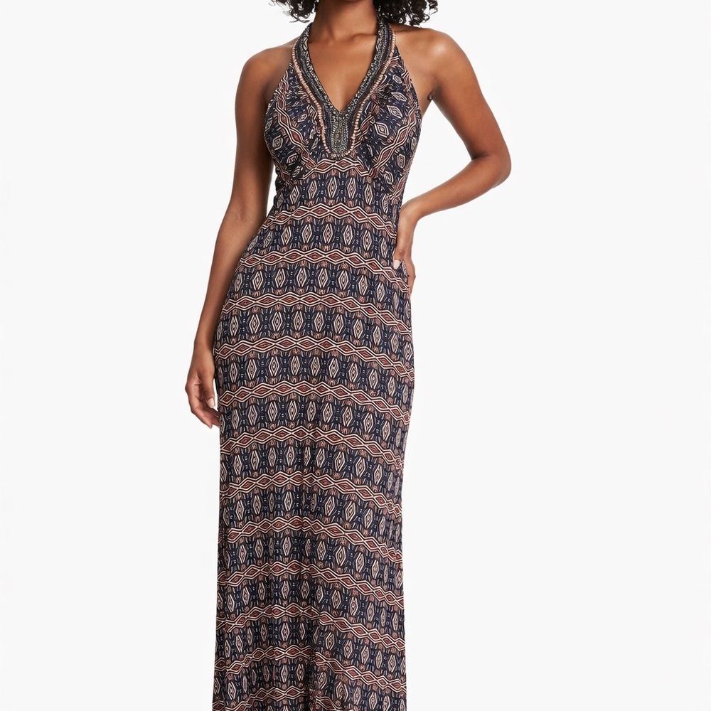 Chic Y2K Beaded Resortwear Vacation Maxi Long Dress XS BOHO Festival Luxury Logo